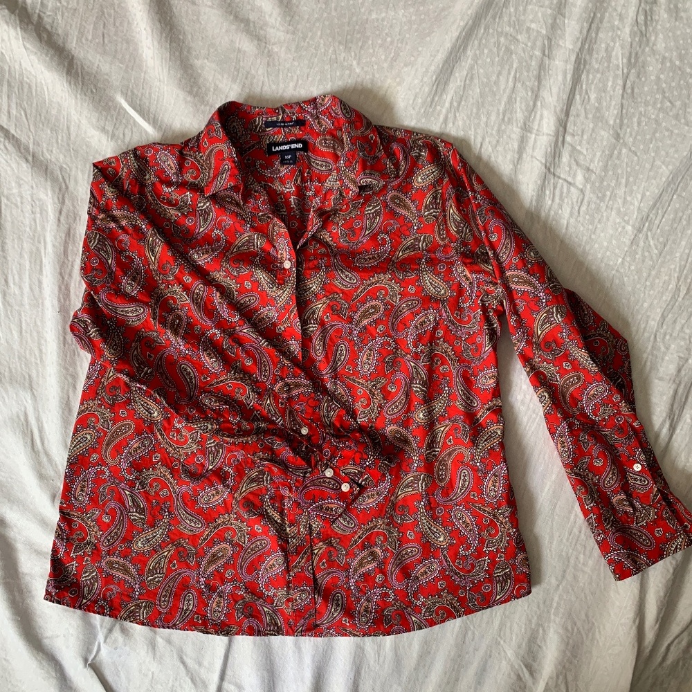 Land's End button down shirt, size 16P, long sleeves, red with paislies